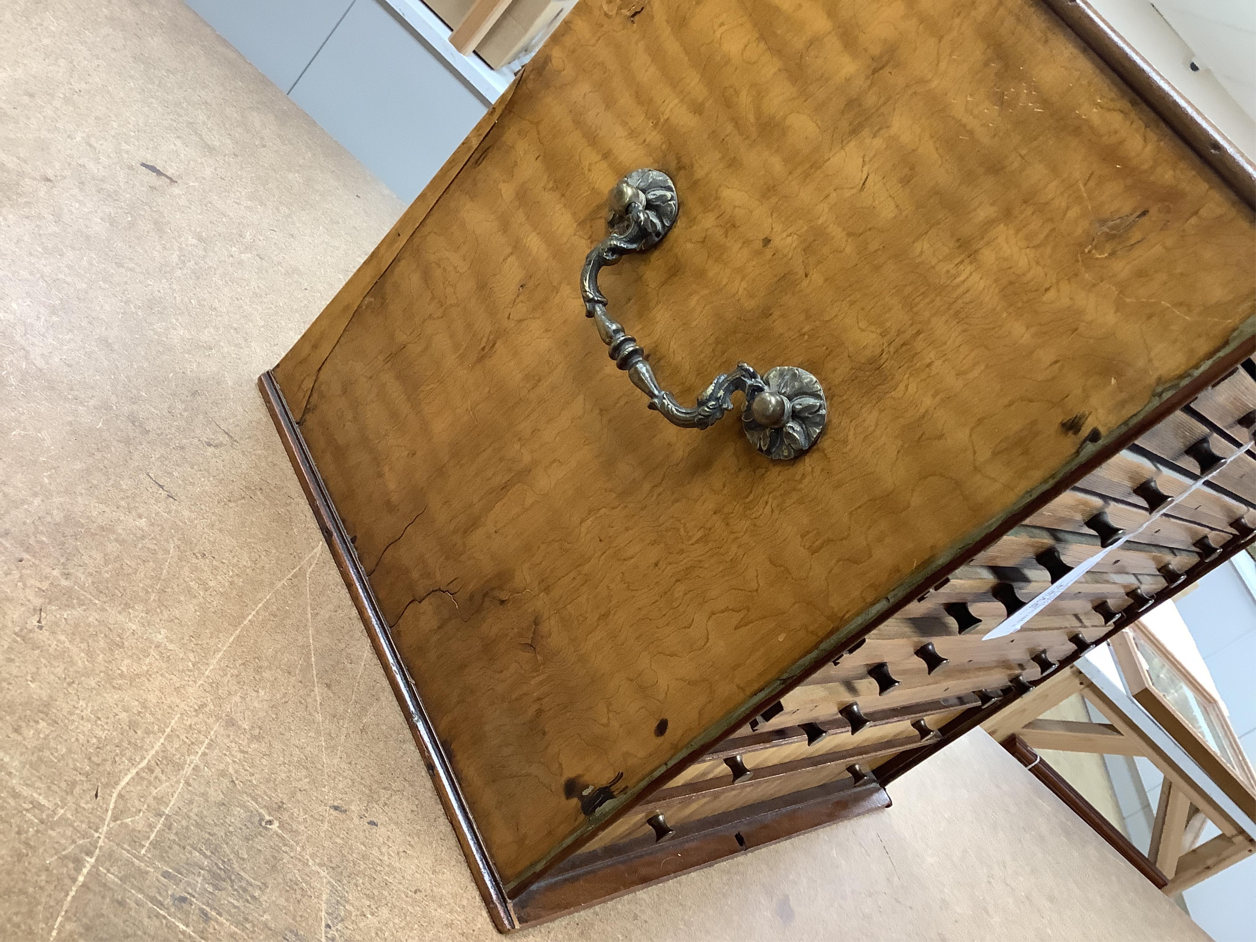 A Victorian satin birch coin collector's cabinet, front panel lacking, 35cm wide
